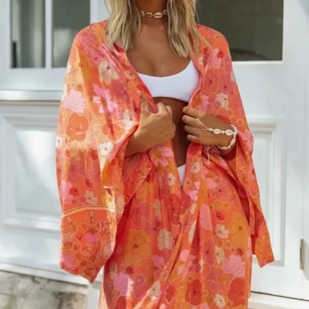 Orange Boho Floral Print Kimono Beach Wrap - Picture 2 of 8